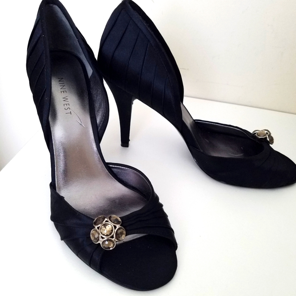 Nine West black satin heels stiletto embellished jeweled open peep toe